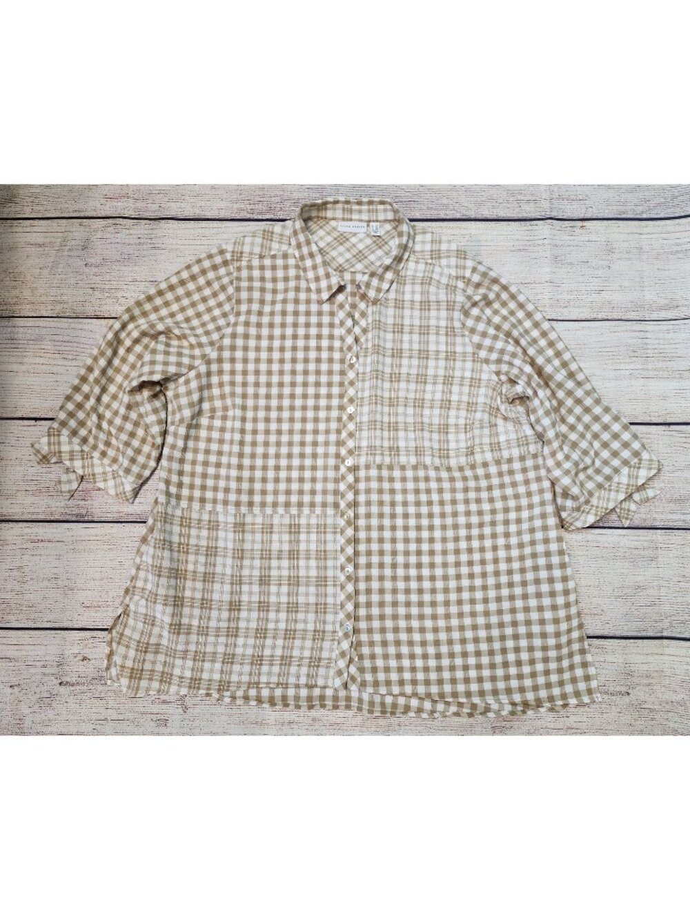 Susan Graver 2XL Yarn Dyed Gingham Button Front Shirt Tunic Raffia Tan Patchwork - Picture 4 of 12